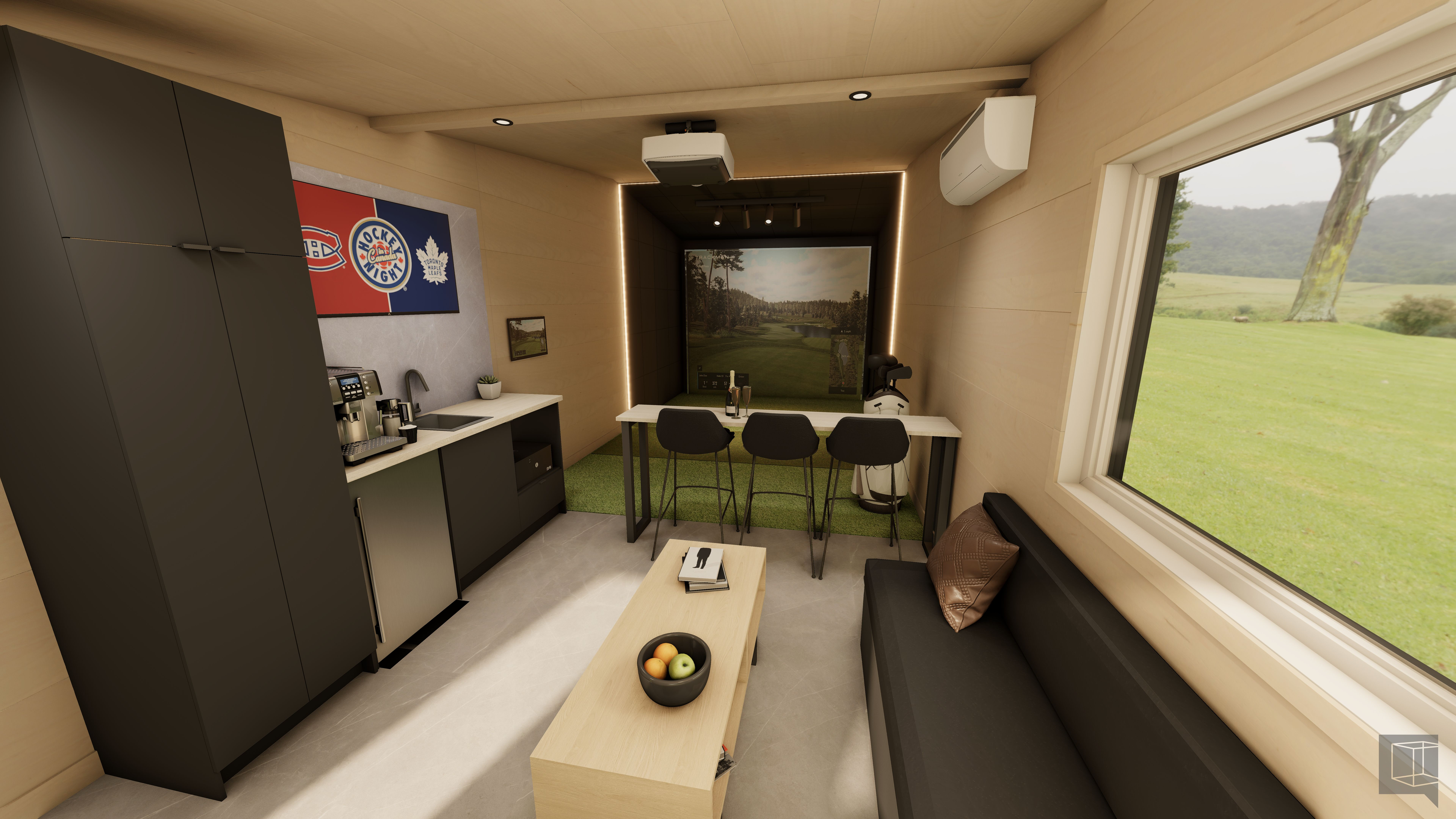 Custom golf simulator interior lounge area